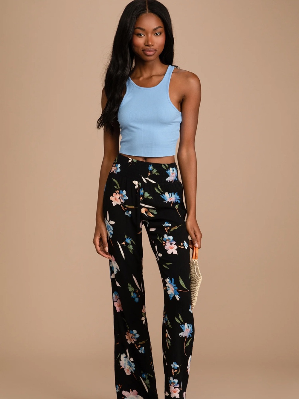O'Neill Black Wide-Leg Floral Pants with Blue and Pink Blooms